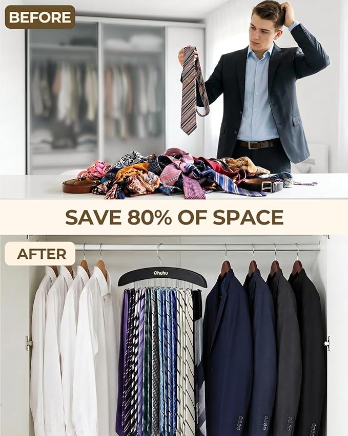 Ohuhu 24-Hook Wooden Tie Rack Organizer - Space Saving Closet Hanger with 360° Rotating Hooks, Anti-Slip Clips for Ties, Belts, Scarves - Premium Hardwood & Rustproof Steel Construction-Black