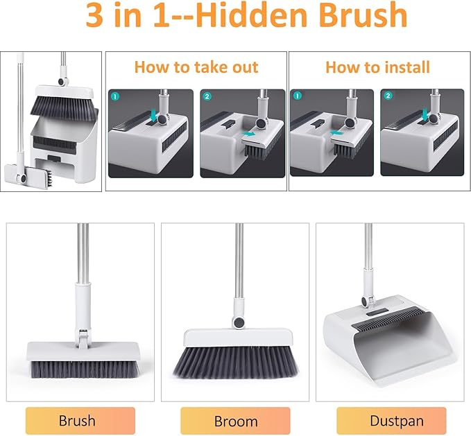 3 in 1 Broom and Dustpan Set with Adjustable Push Broom with 48.8“ Long Handle for Floor Sweeping Outdoor Indoor Sweeping Combo for Home & Kitchen (Green)