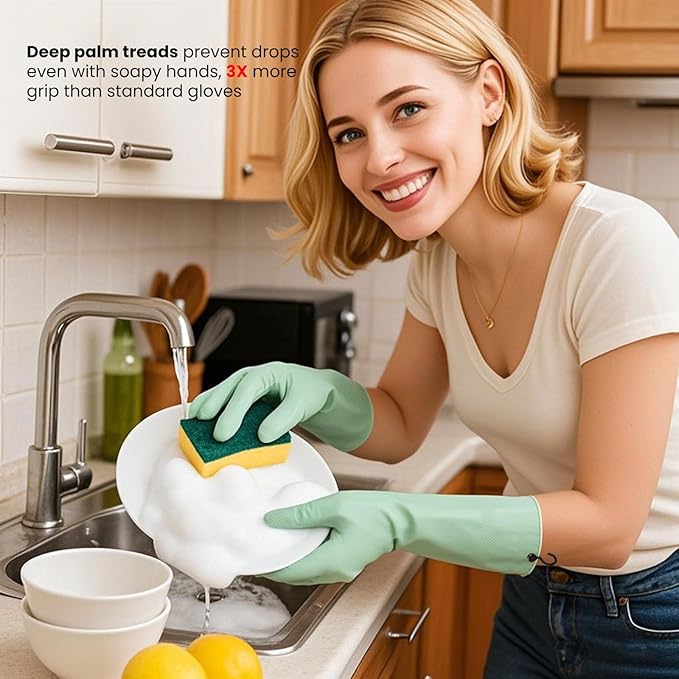Dishwashing Gloves for Kitchen, 4 Pairs Rubber Cleaning Household Dish Washing Latex Glove with Hanging Hook (Black+Blue+Green+Grey, Medium)