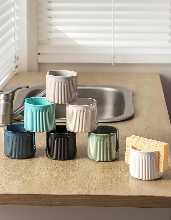 Ceramic Sponge Holder for Kitchen Sink, Scrub Sponge Dish Rack, Farmhouse Compact Sink Caddy Organizer, Glazed Green