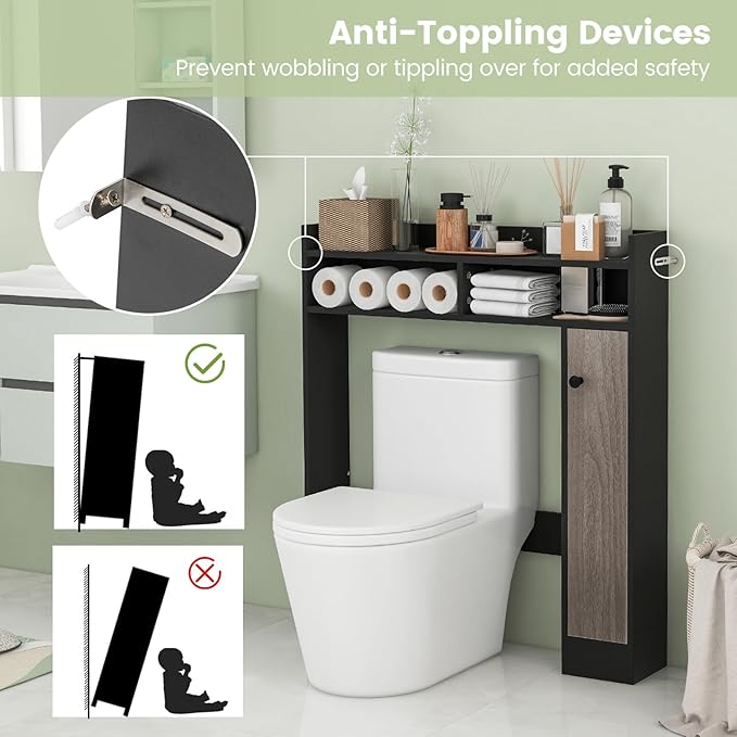 Giantex Short Over The Toilet Storage Cabinet, Bathroom Organizer w/Single Door Cabinet & Adjustable Shelves, Freestanding Space Saver Above Toilet Storage for Restroom, Laundry Room (Black+Oak)