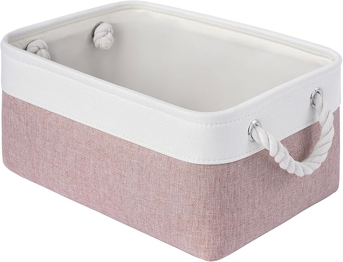 Storage Baskets for Shelves 13.8x9.8x6.7 Inch-Foldable Fabric Organizing Storage Bins with Handles, Closet & Bathroom Organizer, Home Storage for Kitchen, Office (1-Pack, White&Pink)