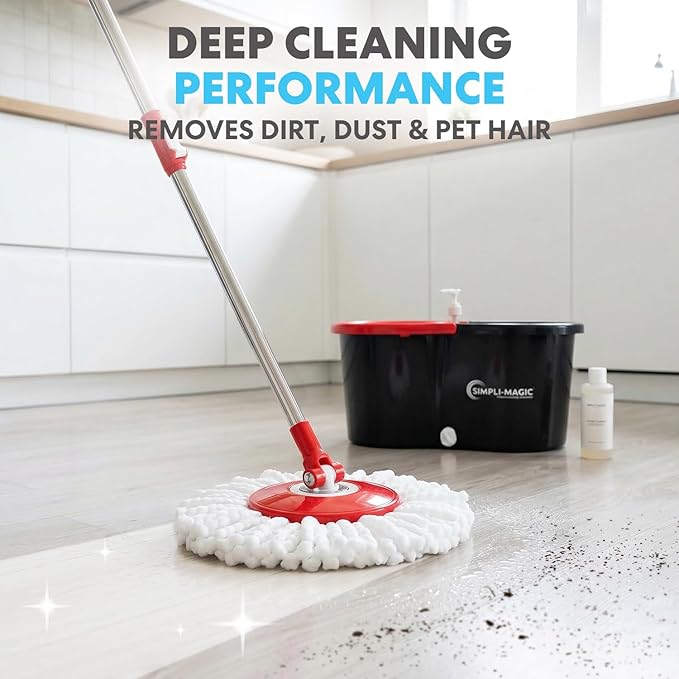 Simpli-Magic 360° Spin Mop and Bucket with Wringer – 3 High-Absorbent Microfiber Washable Heads – Spinning Mop and Bucket Set for All Types Floor Cleaning (Black)
