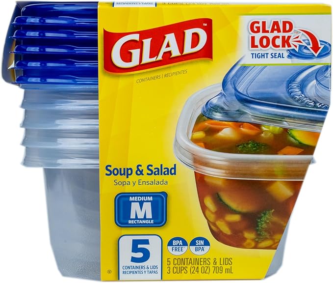 Glad GladWare Medium Rectangle Food Storage Containers with Lids, BPA Free Plastic for Soups Salads and Meal Prep, Airtight Leak Resistant, Microwave Dishwasher Freezer Safe, 24 Oz, 5 Count - 6 Pack