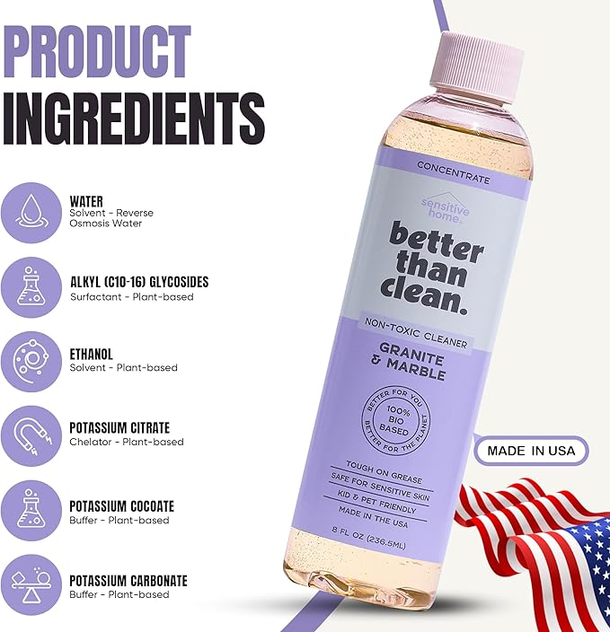 Marble & Granite Cleaner Concentrate - Plant-Based, Non-Toxic, Fragrance Free Cleaning Products - Slate, Marble, and Natural Stone Cleaner, – 8oz Makes 4 Bottles