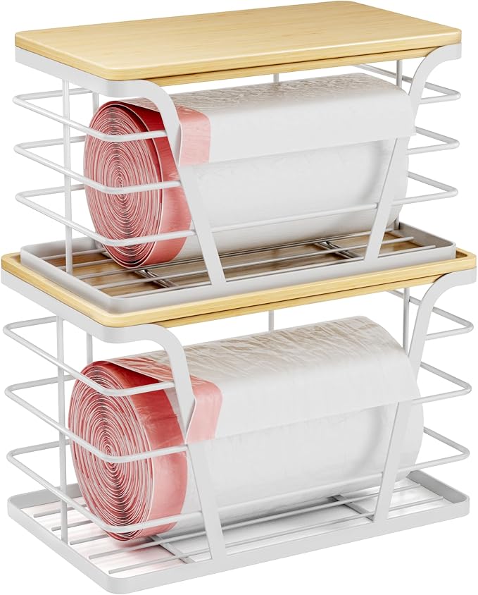 2 Pack Stackable Laundry Room Organization and Storage, Laundry Room Decor and Accessories, Trash Bag Holder with Bamboo Top and Garbage Bag Dispenser, White