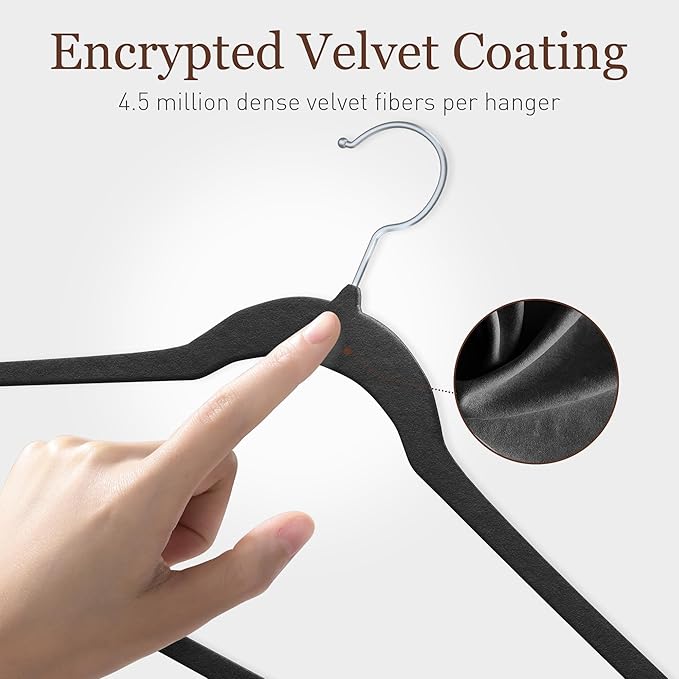 Velvet Hangers 30 Pack, Slim Non-Slip Clothes Hangers Space-Saving for Closet, Heavy Duty for Pants, Coats, Skirts, Jeans, Sweaters and More, Nylon-Flocked, Black