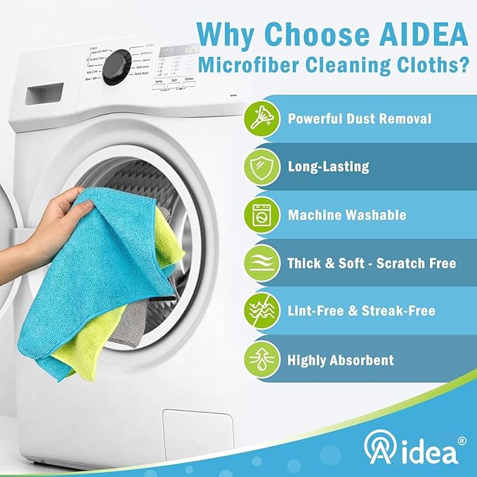 AIDEA Microfiber Cleaning Cloth-8PK, Soft Microfiber Towels for Cars, Absorbent Cleaning Rags, Lint-Free Streak-Free Wash Cloths for House, Kitchen, Window(12in.x16in.) (Pack of 2)