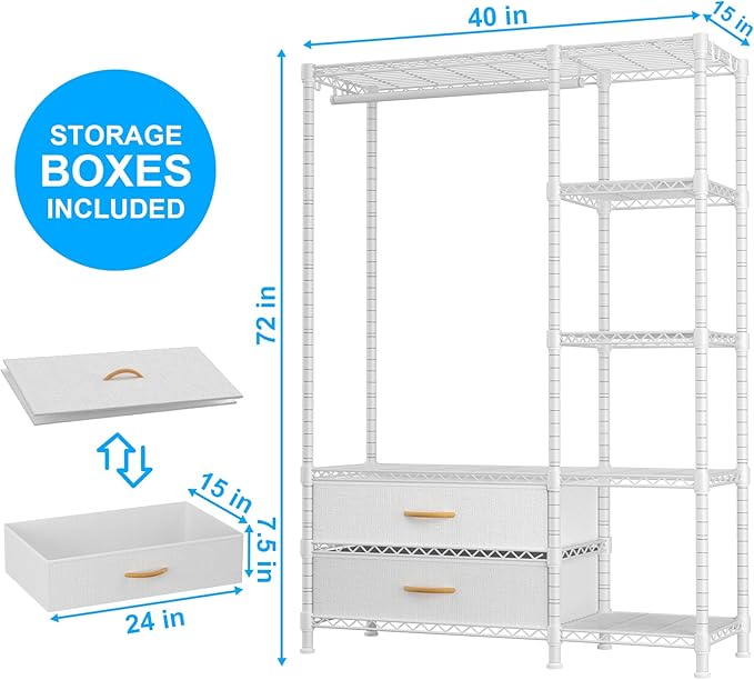 Ulif F3 Heavy Duty Clothes Rack（With Fabric Drawers）Freestanding Clothing Racks for Hanging Clothes，Adjustable Closet Organizer System，Portable Garment Rack 40" W x 15" D x 72" H，Max Load 700LBS，White