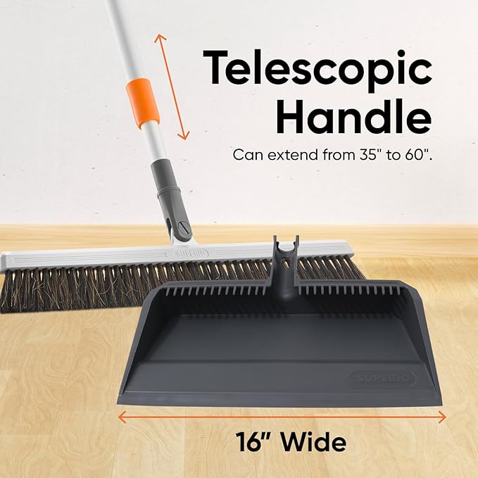 Superio 18" Horse Hair Upright Broom with Telescopic Handle & 16" Gray Dustpan with Comb, Rubber Lip & Clip – Narrow Thin Dust Broom for Dog Hair – Hardwood & Tile Floor Cleaning Set – Gray