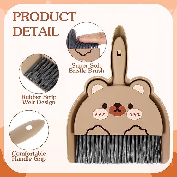 Ouligay Portable Hand Broom and Dustpan Set,Cute Mini Broom and Dustpan Set with Durable Brush,Lightweight Small Dust Pan and Broom Set for Desktop Cleaning Small Space Cleaning(Brown Bear)