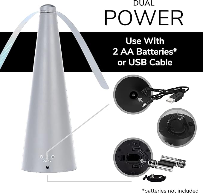 Fly Fans for Tables by Modern Lyfe - AA Battery & USB Powered - Fly Swatter Outdoor Camping Accessory Or for Food at Parties, Restaurants & Picnics, Bug Fan, Spinner Keeps Flies Away (1 Pack - Grey)