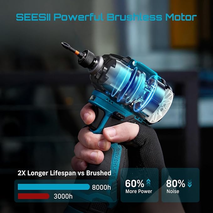 SEESII Cordless Drill Impact Driver 16.8V Brushless Power Tool Combo Kits 2x 2.0Ah Batteries w/Charger, 16-Pc Bits, Tool Bag, 3/8'' Drill & 1/4'' Impact Driver for Home DIY, Woodworking (Blue)