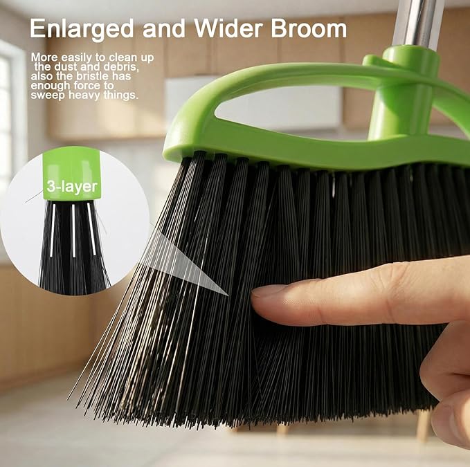 Soft Bristles Green Angle Broom with Long Handle Indoor Sweeping Broom for Home Kitchen Hardwood Floor Cleaning