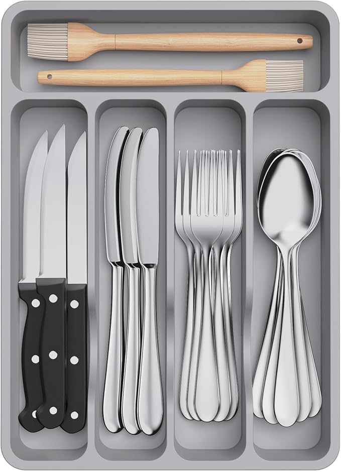 Lifewit Silverware Drawer Organizer Tray, Plastic Cutlery Storage for Kitchen, Flatware and Utensil Holder Divider for Spoons Forks Knives Tableware, 9.1 x 12.6", 5 Slots, Gray