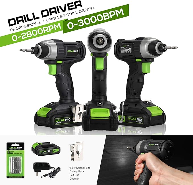 GALAX PRO Impact Driver 20 V Lithium Ion 1/4" Hex Cordless Driver with LED Work Light, 6 Pieces Screwdriver Bits, Variable Speed (0-2800 RPM)- 1.3 Ah Battery and Charger Included