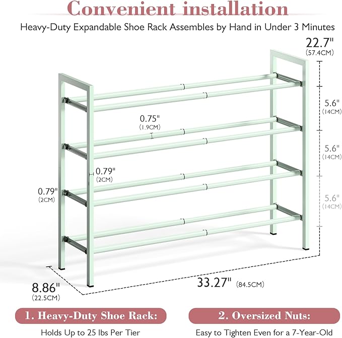 Bumusty 4-Tier Expandable Shoe Rack for Closet, 18“-33” Adjustable Shoe Rack for Small Space, Small Shoe Organizer for Front Door, Sturdy Metal, Green