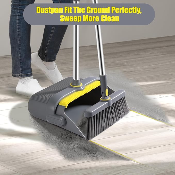 Broom and Dustpan Set with 54" Long Handle, Windproof Stand-Up Dustpan & Broom Combo with 8-Piece Cleaning Tool Kit for Home, Kitchen, Office & Pet Hair Cleaning