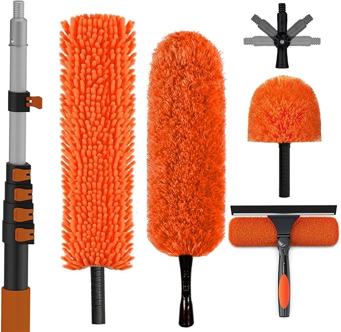 30FT Reach High Ceiling Duster Kit, Window Cleaning kit with 5-24FT Extension Pole, Fan Duster for Ceiling Fan Blades, Microfiber Feather Duster, Rotatable Window Squeegee and Cobweb Duster