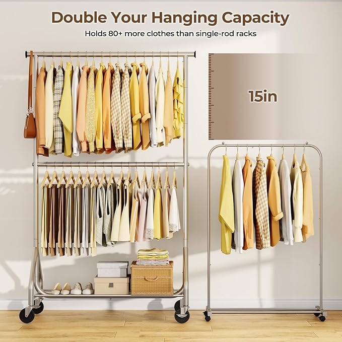 HYSEYY Heavy Duty Clothes Rack, Double Rod Clothing Rack for Hanging Clothes, Rolling Garment Rack, Adjustable Freestanding Wardrobe Closet Coat Rack for Bedroom Laundry Living Room, Silver