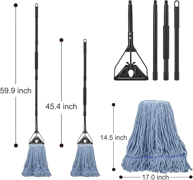 Commercial Industrial Mop for Floor Cleaning, 3 Extra Large Reusable Replacement Head with 59" Long Handle,Heavy Duty Looped-End String Wet Cotton Mop for House,Kitchen,Office,Garage,Tile Floor