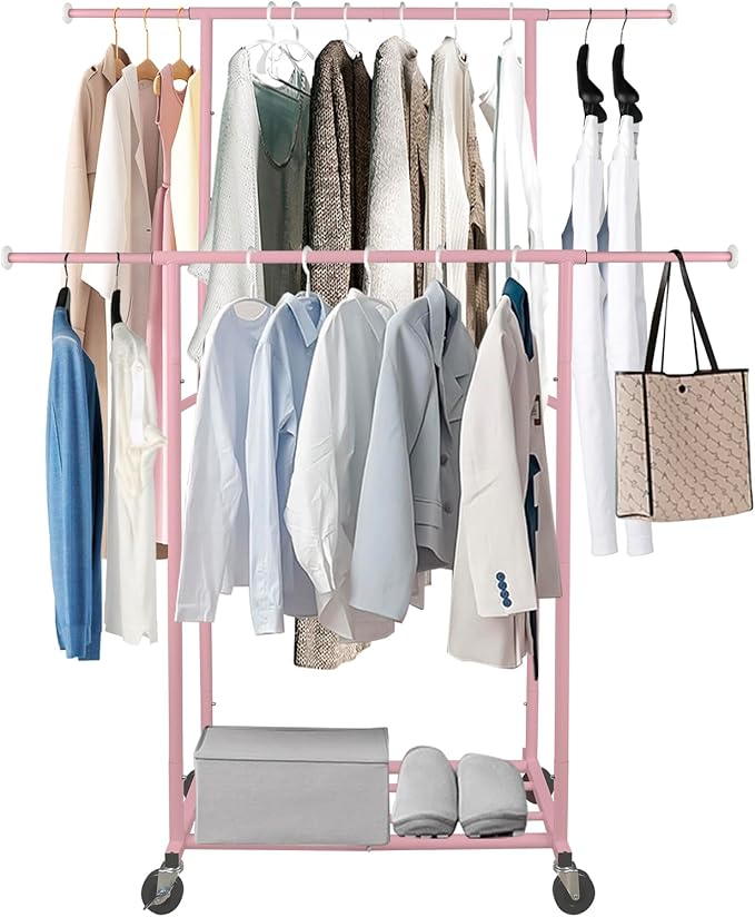 Fishat Portable Pink Double Rods Garment Clothes Rack for Drying with Rolling Clothes Organizer on Lockable Wheels Mobile for Girls Women, 48"W x 15"D x 67"H, Metal Simple Hanging Clothes with 2 Hook
