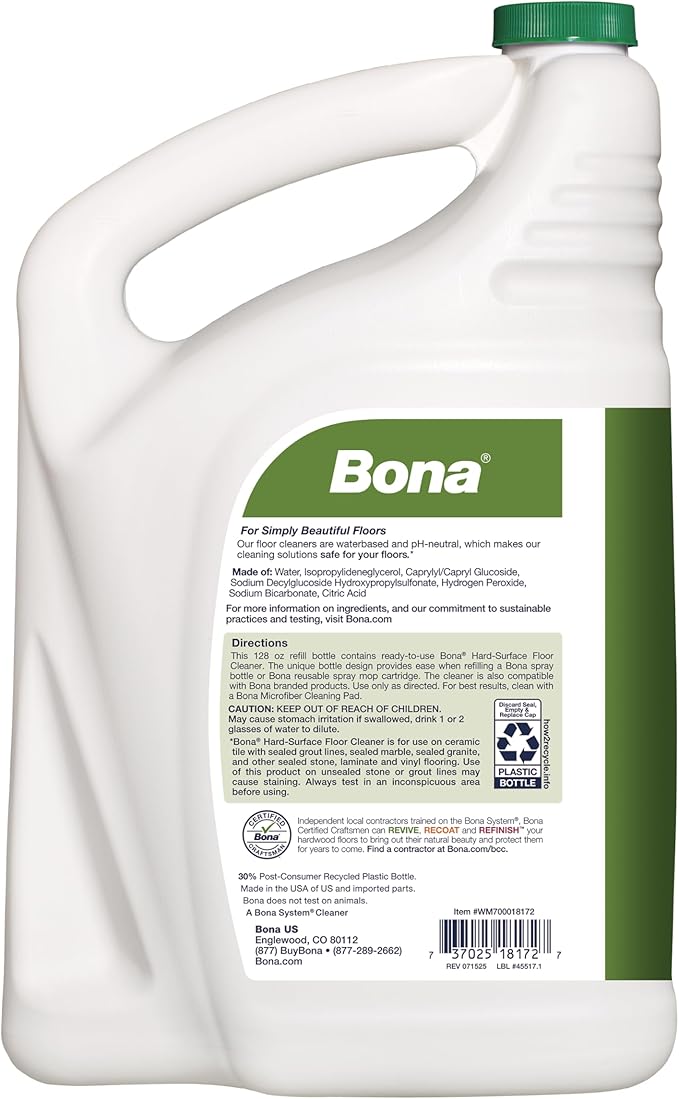 Bona Multi-Surface Floor Cleaner Refill - 128 fl oz - Unscented - Refill for Bona Spray Mops and Spray Bottles - Residue-Free Floor Cleaning Solution for Stone, Tile, Laminate, and Vinyl Floors