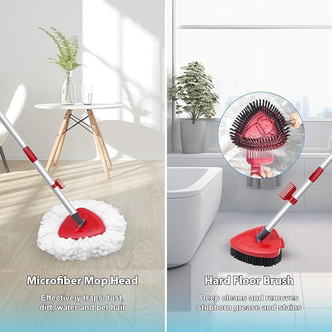 Spin Mop Head and Brush Replacement Compatible with O Cedar EasyWring 1-Tank System, 4 Mop Replace Heads, 1 Handle, 1 Base and 1 Scrub Brush Combo Set