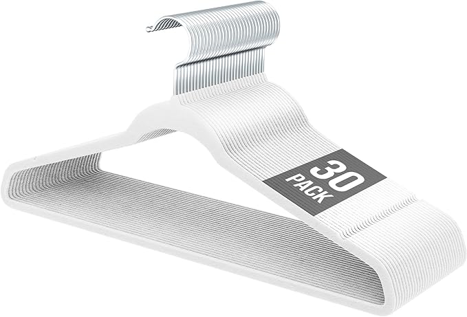 Velvet Hangers 30 Pack, Slim Non-Slip Clothes Hangers Space-Saving for Closet, Heavy Duty for Pants, Coats, Skirts, Jeans, Sweaters and More, Nylon-Flocked, White