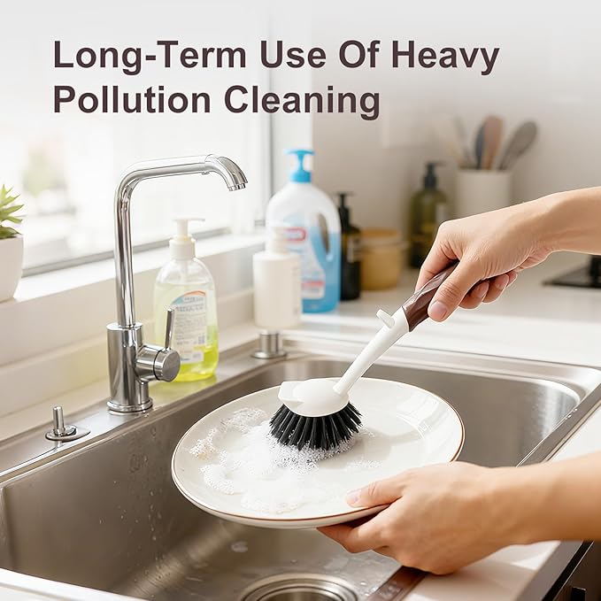 Dish Brush, 2 Pack with Comfortable Handle, with Built-in Scraper, Scrub Brush with Medium Firm bristles for Cleaning Dishes, Sink, Pots (Brown)