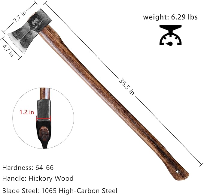 35.5" Splitting Axe, Wood Splitting Axe for Medium to Large Size Logs, 1065 High Carbon Steel Chopping Axe with Hickory Wood Handle and Leather Sheath for Chopping Firewood - Head 4.5 lbs