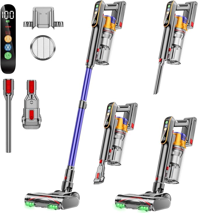 DIFFULL Cordless Vacuum Cleaner, 650W 55KPA 70Mins Vacuum Cleaners for Home, Stick Vacuum with 1.8L Cup, Anti-Tangle, 8-Stage Filter System, Green Light for Pet Hair, Carpet, Floor