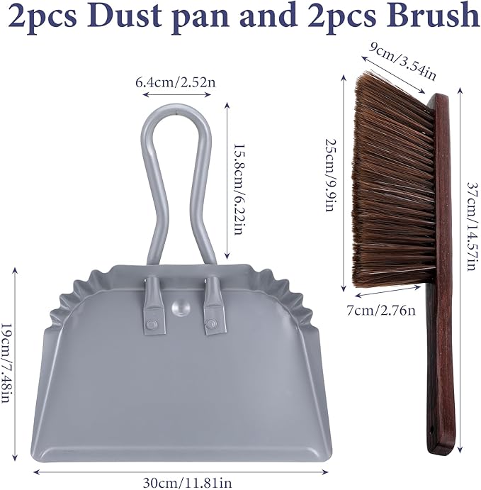 2pcs Metal Dustpan and Brush Set, 12In Extra Large Handheld Dust Pan and Wood Broom,Heavy-Duty Dust Pans Metal Edge Flat Against Floor for Patio/Pet/Car/Outdoor