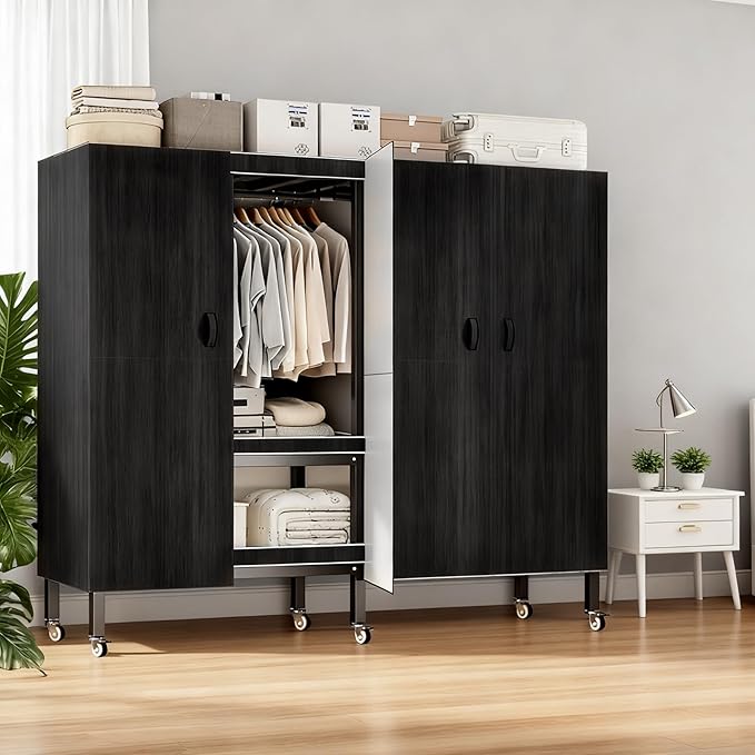 Foldable Portable Armoire Wardrobe Closet for Hanging Clothes Rack, Heavy Duty Covered Clothes Rack with Cover(HARDBOARD Magnetic), Closet Garment Rack for Bedroom Storage (KT-WoodgrainBlack, 70.86in)