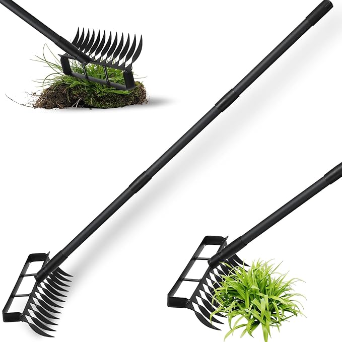 Stirrup Hoe Garden Tool Weed Puller with 76.8Inch Adjustable Stainless Steel Handle, Heavy Duty Garden Hoe and 12 Tines Rake 2 in 1 Gardening Tools Garden Cultivator for Weeding Soil Loosening, Black