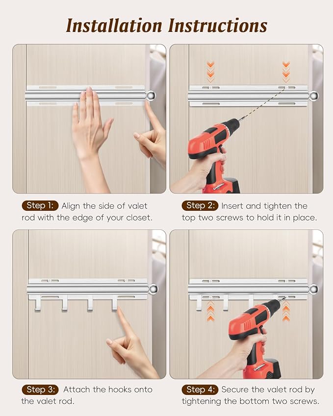 Supforce Valet Rod for Closets, 12" Valet Rod With 4 Hooks, Closet Organizer Slide Out Clothing Hanger Rods Extender Perfect for Suits,Dresses,Belt,Tie, Polished Chrome