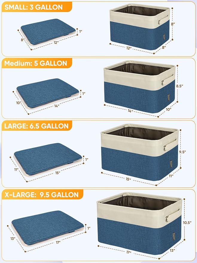 BALEINE 3 Pack Fabric Storage Bins for Shelves, Linen Storage Baskets for Organizing, Decorative Closet Bins for Clothes, Home (Navy Blue, 12"x8"x8")