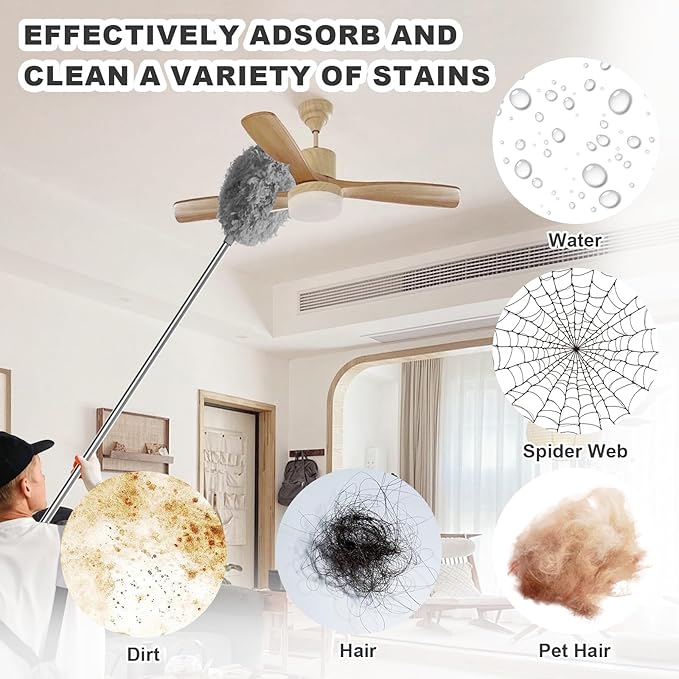 Storystore Ceiling Fan Cleaner Duster - Bendable and Adjustable Long Handle Feather Duster Kit, Fan Blade Cleaner for Cleaning High Ceilings Chandelier, Furniture, Blinds (Grey-2 Duster 1 Handle)