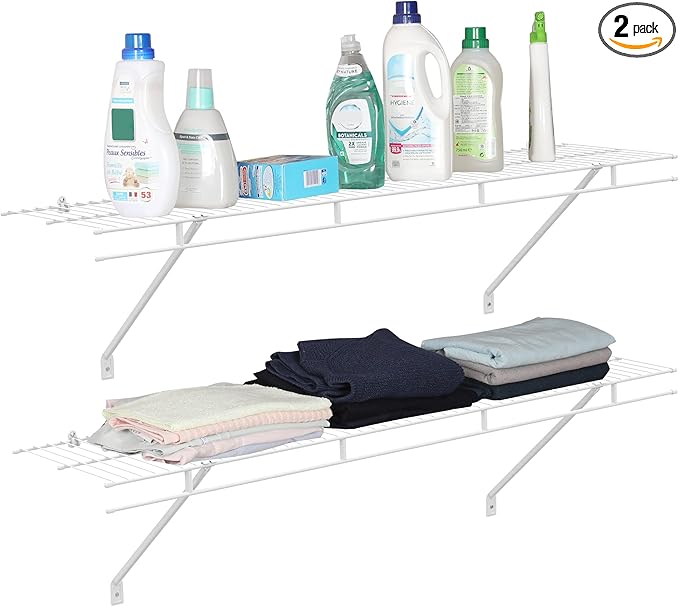 HAUSHOF Closet Shelves Wall Mounted 2-Pack, 4 ft x 12in White Wire Shelving for Laundry Room, Closet, Basement Organization and Storage