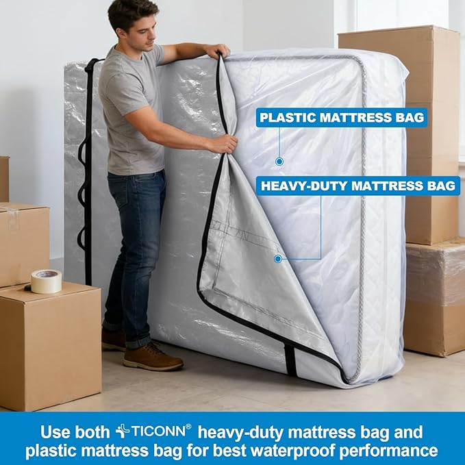 TICONN Mattress Bags for Moving, Heavy Duty Full Mattress Cover Storage Bag with Full-Around Handle and Adjustable Buckles (Gray, Full)