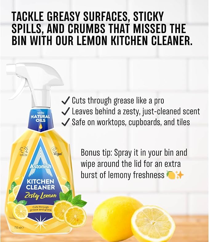Astonish Zesty Lemon Scented Kitchen Cleaner 3 Pack - All Purpose Cleaning Solution Removes Grease, Grime, & Surface Stains - Cruelty Free Kitchen Grease And Multi Surface Cleaner - 750ml Spray Bottle
