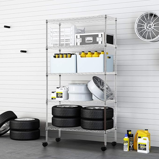 30" L×14" W×60" H Wire Shelving Unit Commercial Metal Shelf with 5 Tier Casters Adjustable Layer Rack Strong Steel for Restaurant Garage Pantry Kitchen Garage，Chrome