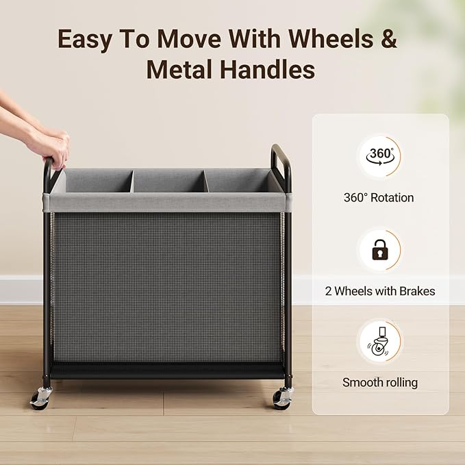ELYKEN Laundry Hamper 3 Section, 120L Rolling Laundry Sorter with Removable Liner Bag, Laundry Basket with Wheels, Steel Frame with Metal Handle, Clothes Hamper Cart for Laundry Room & Bedroom