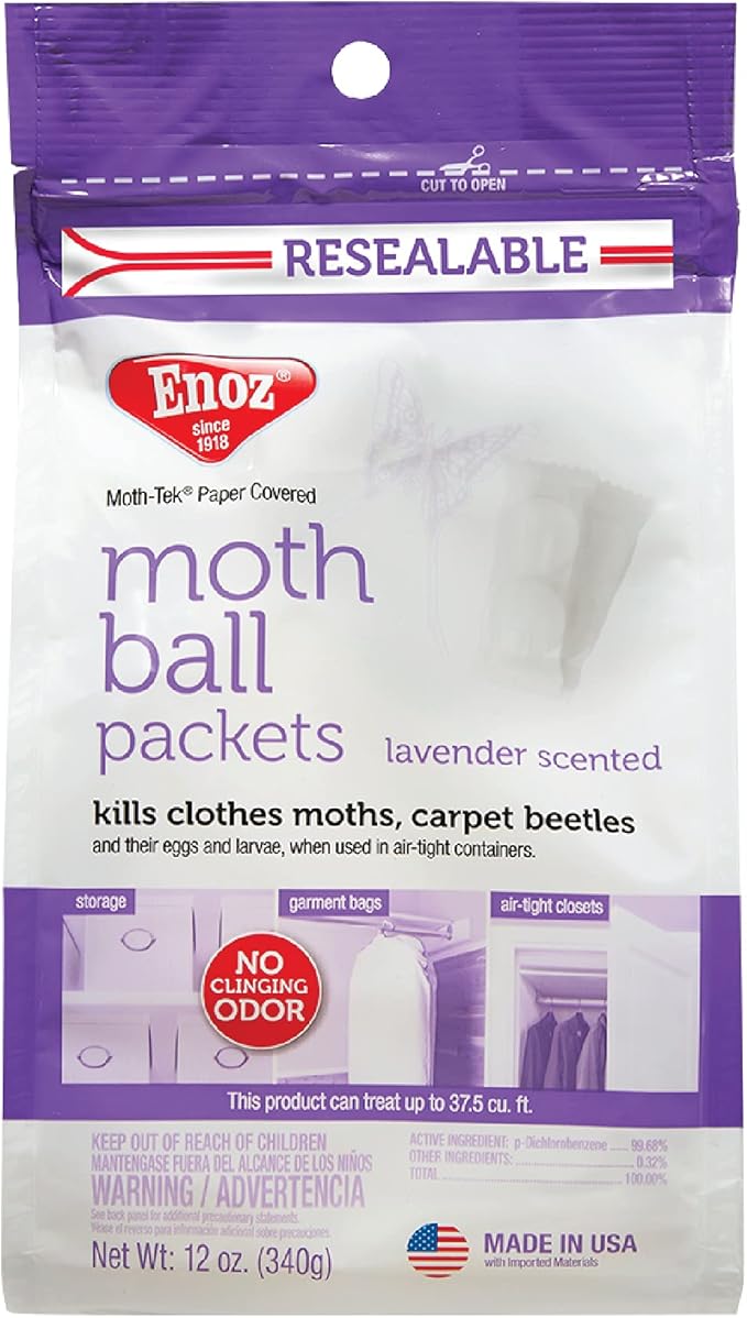 Enoz Lavender Scented Moth Ball Packets, Kills Clothes Moths, Carpet Beetles, Eggs and Larvae, 12 oz Resealable Bag