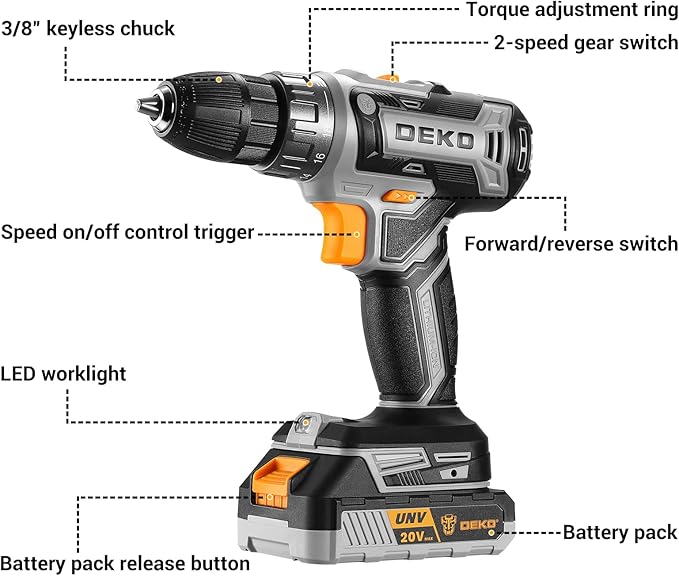 Power Drill Cordless: DEKOPRO Cordless Drill 20V Electric Power Drills Set Tool Drills Cord-less Set with Battery and Charger