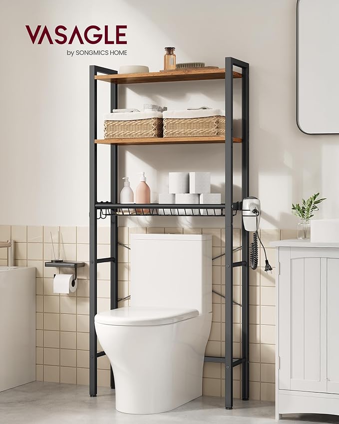 VASAGLE Over the Toilet Storage, Over Toilet Bathroom Organizer with Adjustable Shelves and Basket, 3 Hooks, Space Saving, 9.4 x 23.6 x 63 Inches, Rustic Brown UBTS113KD01S
