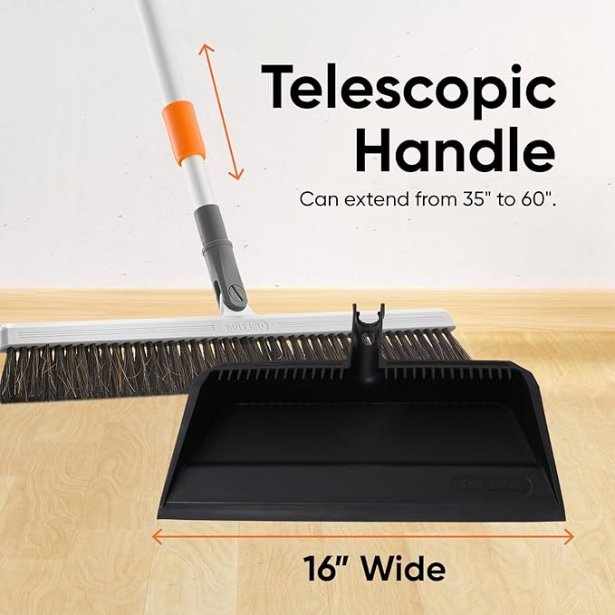 Superio 18" Horse Hair Upright Broom with Telescopic Handle & 16" Black Dustpan with Comb, Rubber Lip & Clip – Narrow Thin Dust Broom for Dog Hair – Hardwood & Tile Floor Cleaning Set – Gray/Black
