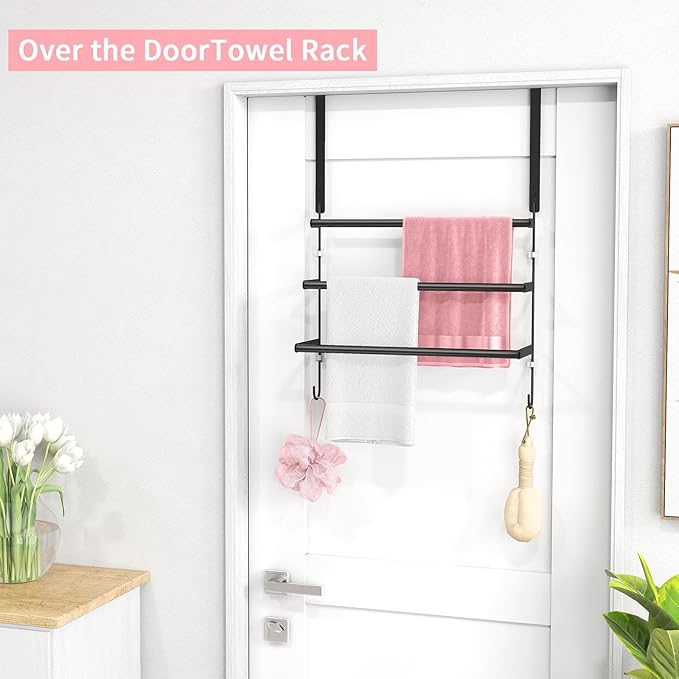 Over The Door Towel Rack,Towel Rack with Hooks for Door Hanging, Door Towel Bar, Over Door Towel Racks for Bathroom (Black)