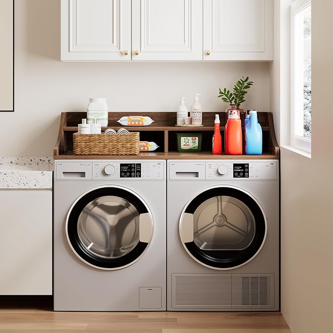 OAKHAM HOME 2-Tier Washer Dryer Countertop, 54" x 27.6" Washer Dryer Topper with Storage Shelf and Non-Slip Pads for Laundry Room Organization, Walnut