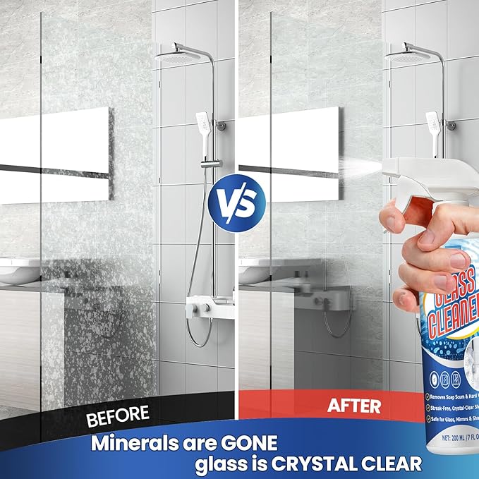 Instant Shine Bathroom Glass Cleaner with Microfiber Towel – Removes Hard Water Limescale, Soap Scum on Shower Doors, Tiles & Mirrors | Streak-Free No Residue Fast Drying Multi-Surface Safe (200ml)